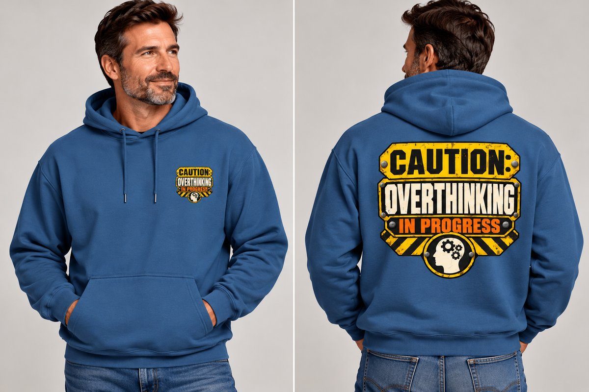 Caution: Overthinking in Progress – Industrial Warning Sign Hoodie.
