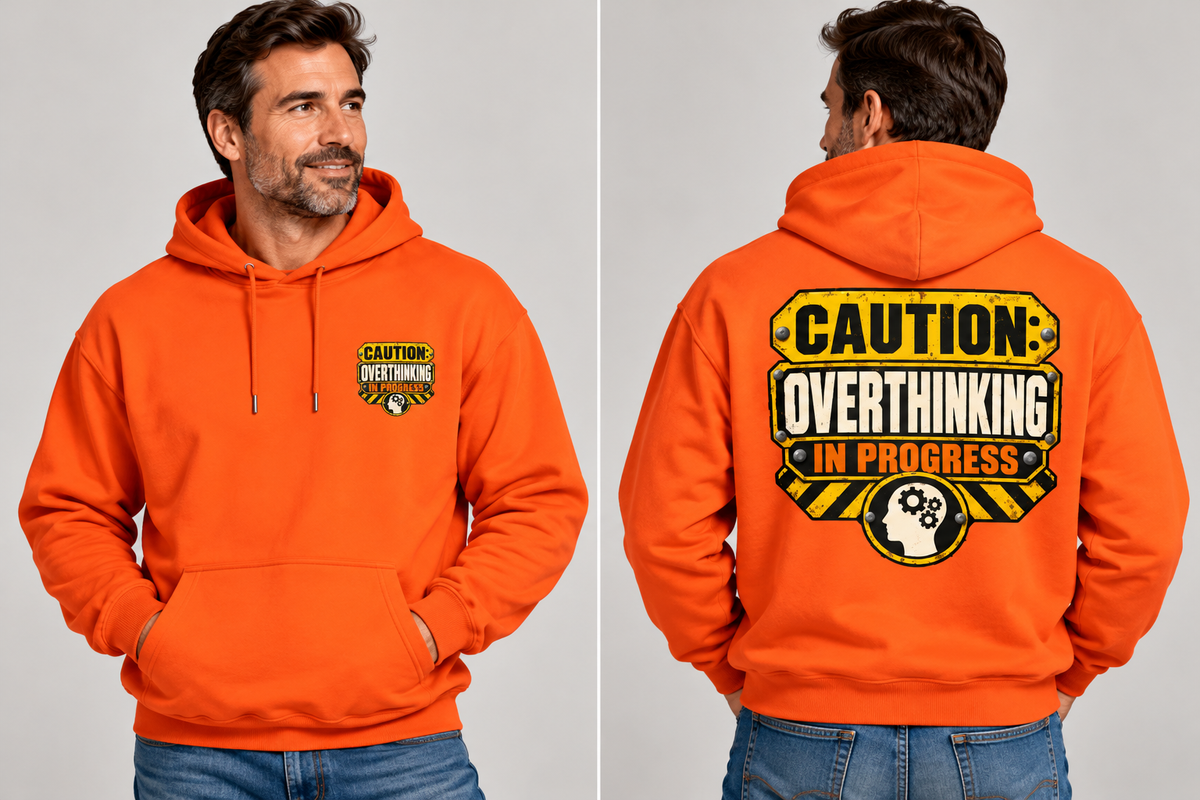 Caution: Overthinking in Progress – Industrial Warning Sign Hoodie.