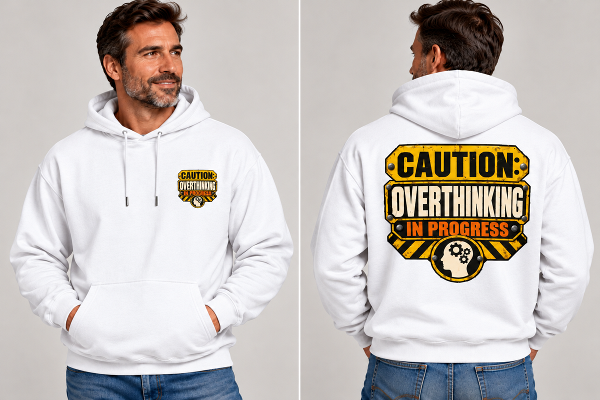 Caution: Overthinking in Progress – Industrial Warning Sign Hoodie.